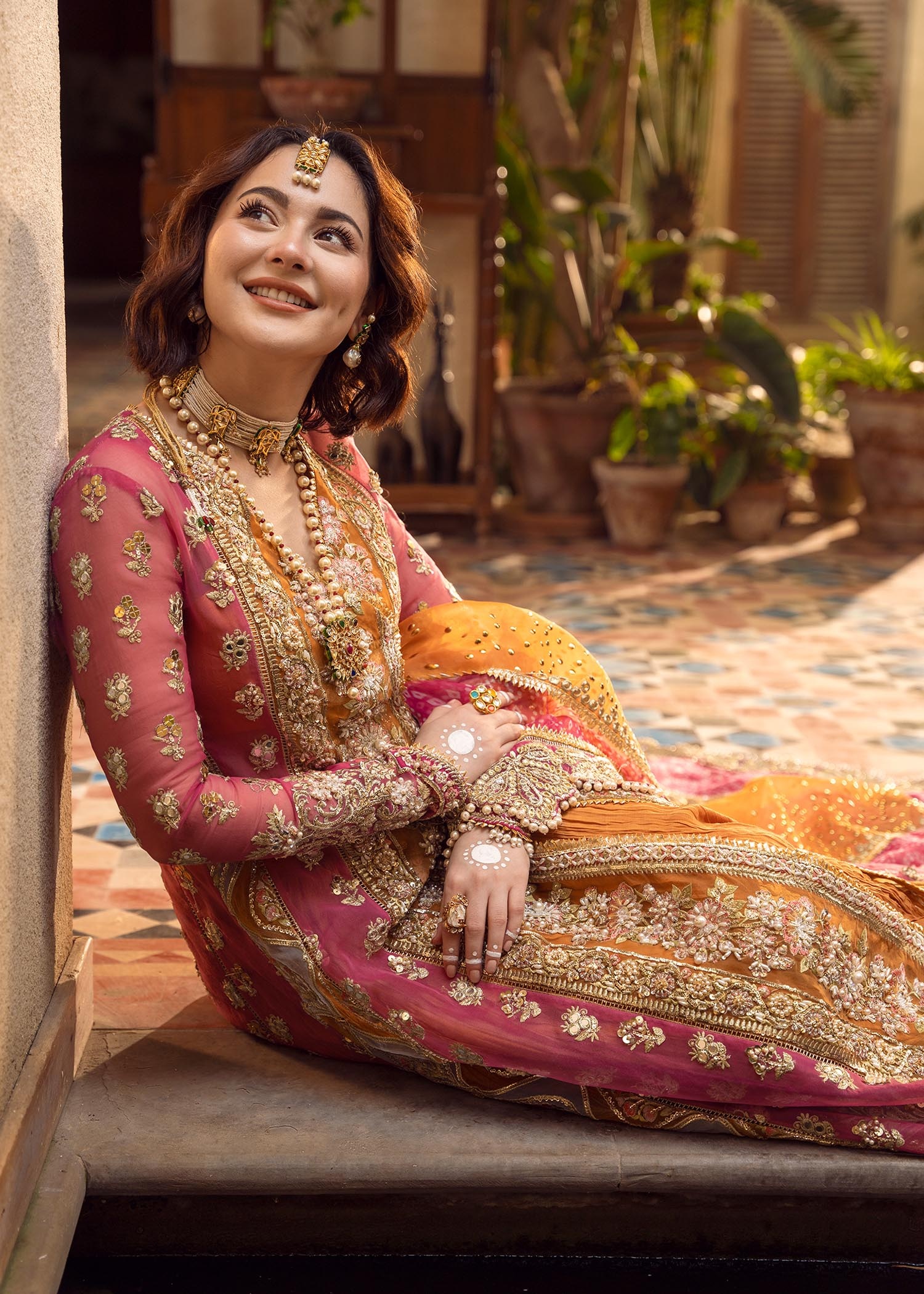 Mehndi Galore pakistani fashion outfit in gold, mustard, orange, pink…